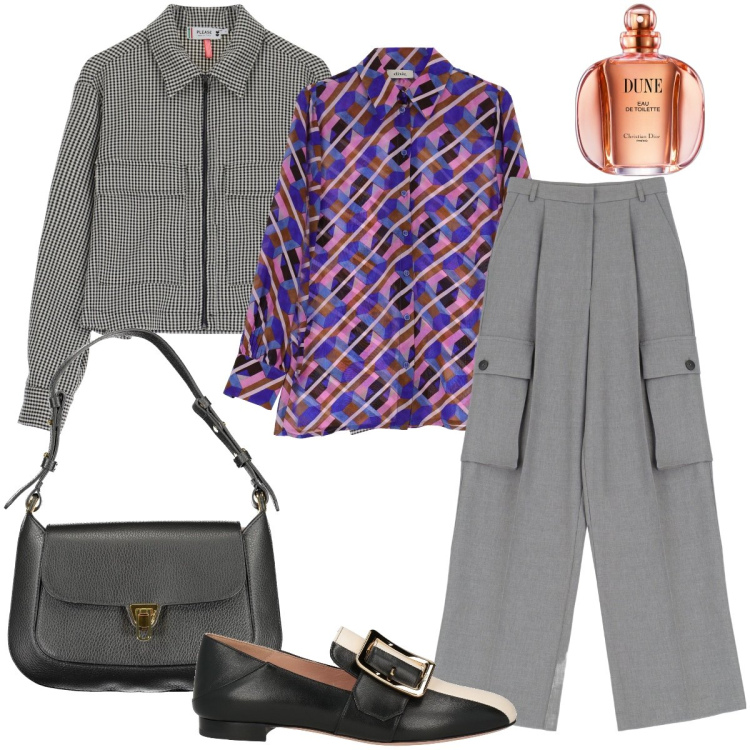 Outfit donna - Il pantalone cargo. Stile Trendy per Ufficio. Abbinamento con mocassini, profumi, blazer, pantaloni, camicie, borse a spalla.
