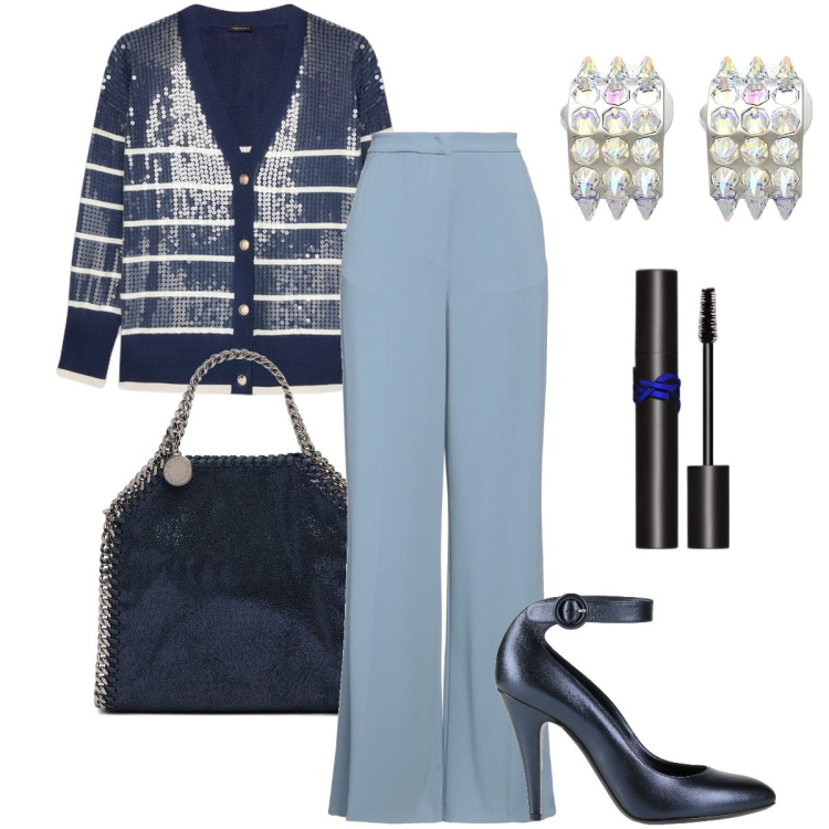 Outfit donna - Il cardigan in paillettes. Stile Chic per Cerimonia. Abbinamento con pantaloni, décolleté, orecchini, mascara, cardigans, borse a mano.