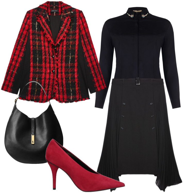 Outfit donna - Chic con un tocco di rosso. Stile Chic per Serata fuori. Abbinamento con décolleté, camicie, borse a spalla, gonne longuette, blazer.