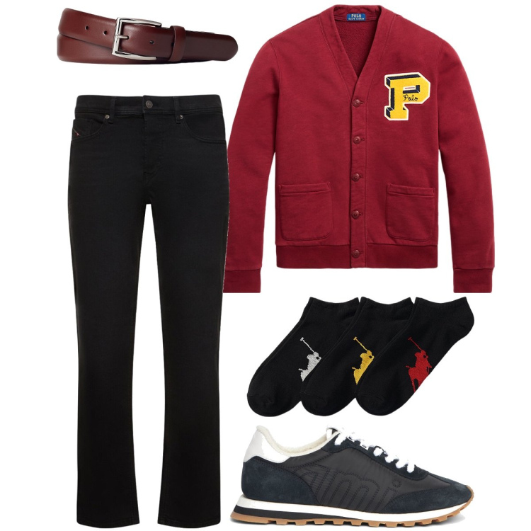 Outfit uomo - Il cardigan da college. Stile Casual per Ufficio. Abbinamento con cinture, calzini, cardigans, jeans, sneakers.