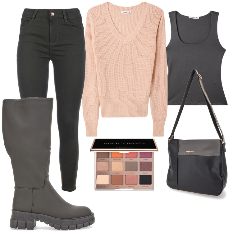Outfit donna - Total look #1985158. Stile Trendy per Tutti i giorni. Abbinamento con ombretti, maglieria, top sportivi, jeans skinny, stivali, borse a tracolla.