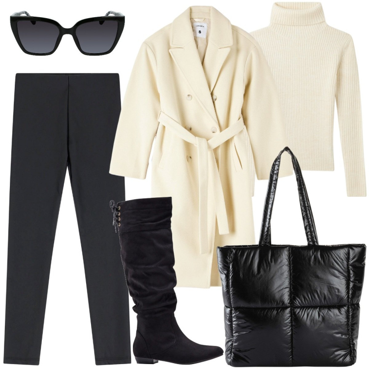Outfit donna - Il cappotto doppiopetto. Stile Casual chic per Tutti i giorni. Abbinamento con stivali, shopping bag, cappotti, maglieria, pantaloni skinny, occhiali da sole.
