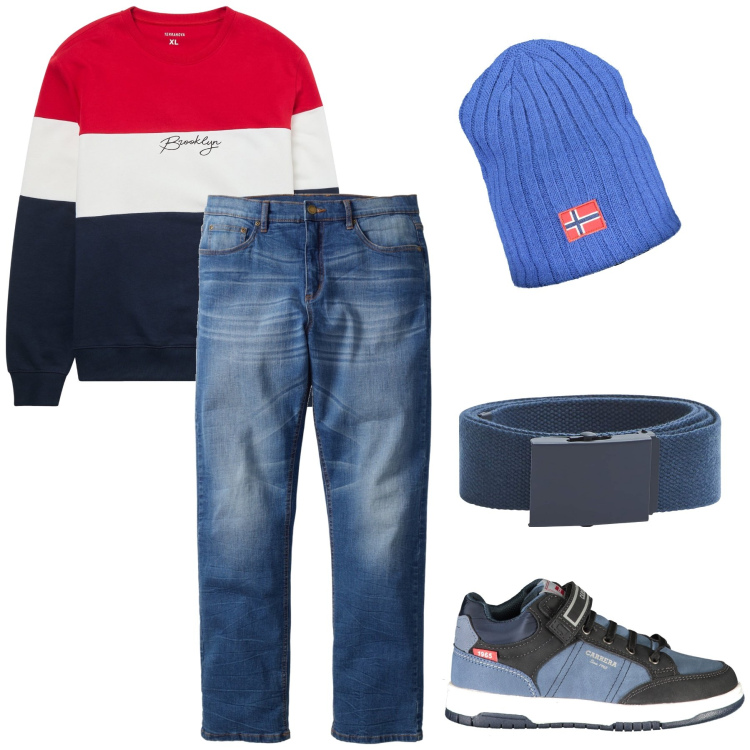 Outfit uomo - Color block. Stile Casual per Tutti i giorni. Abbinamento con jeans dritti, felpe, cinture, sneakers, berretti.