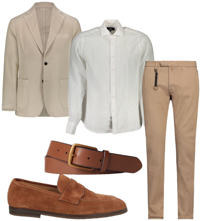 Outfit uomo - Giornata di sole. Stile Business/Elegante per Cerimonia. Abbinamento con pantaloni chino, scarpe stringate, cinture, giacche, camicie.