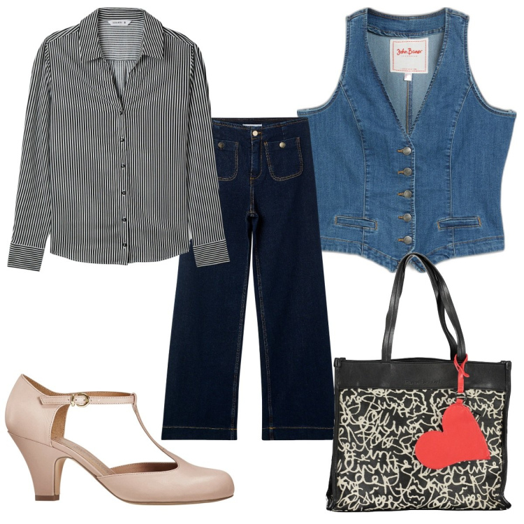 Outfit donna - Total look #1985175. Stile Trendy per Tutti i giorni. Abbinamento con gilet, décolleté, jeans, camicie, borse a spalla.