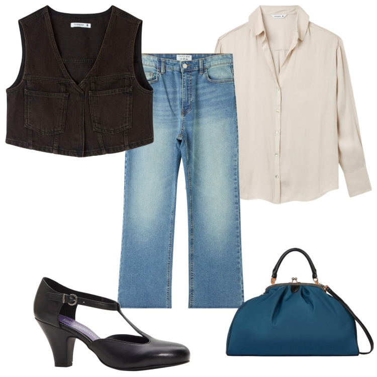 Outfit donna - Total look #1985178. Stile Trendy per Tutti i giorni. Abbinamento con décolleté, jeans, gilet, camicie, borse a spalla.