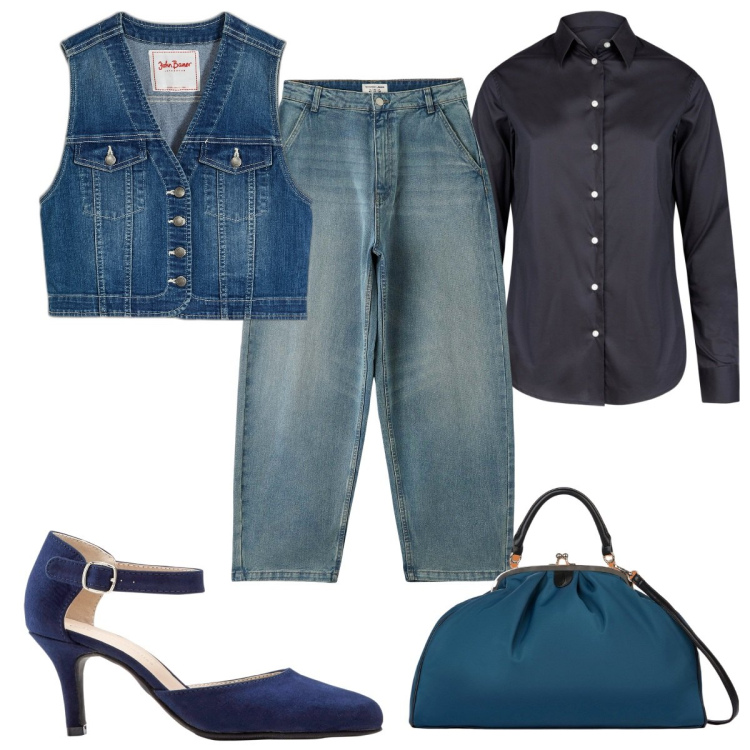 Outfit donna - Total look #1985180. Stile Trendy per Tutti i giorni. Abbinamento con décolleté, gilet, jeans, camicie, borse a spalla.