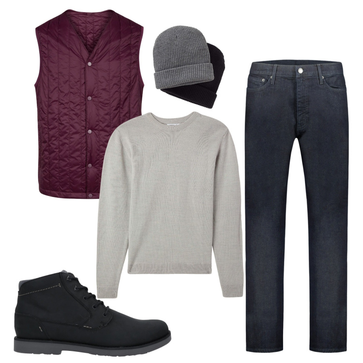 Outfit uomo - Trapuntino burgundy. Stile Casual per Tutti i giorni. Abbinamento con berretti, stivali e stivaletti, maglieria, jeans, piumini.