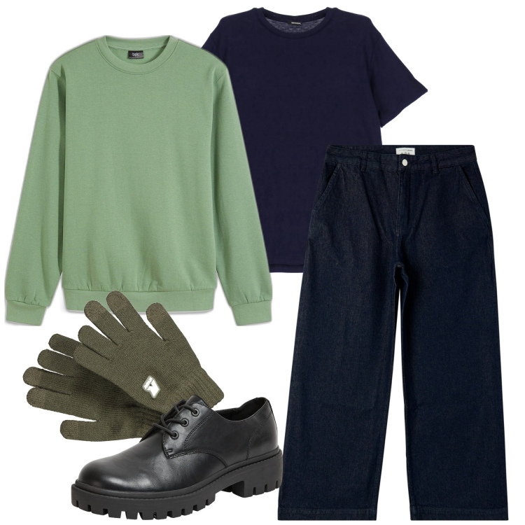Outfit uomo - Verde sereno. Stile Casual per Tutti i giorni. Abbinamento con felpe, jeans, scarpe stringate, t-shirt, guanti.