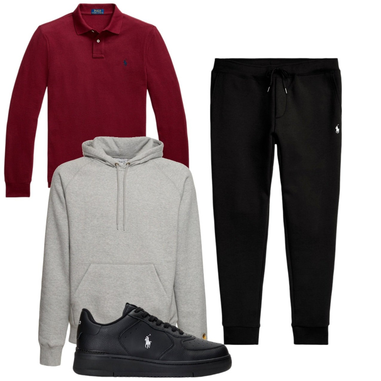 Outfit uomo - Felpa e polo insieme. Stile Trendy per Tutti i giorni. Abbinamento con sneakers, pantaloni, polo, felpe con cappuccio.