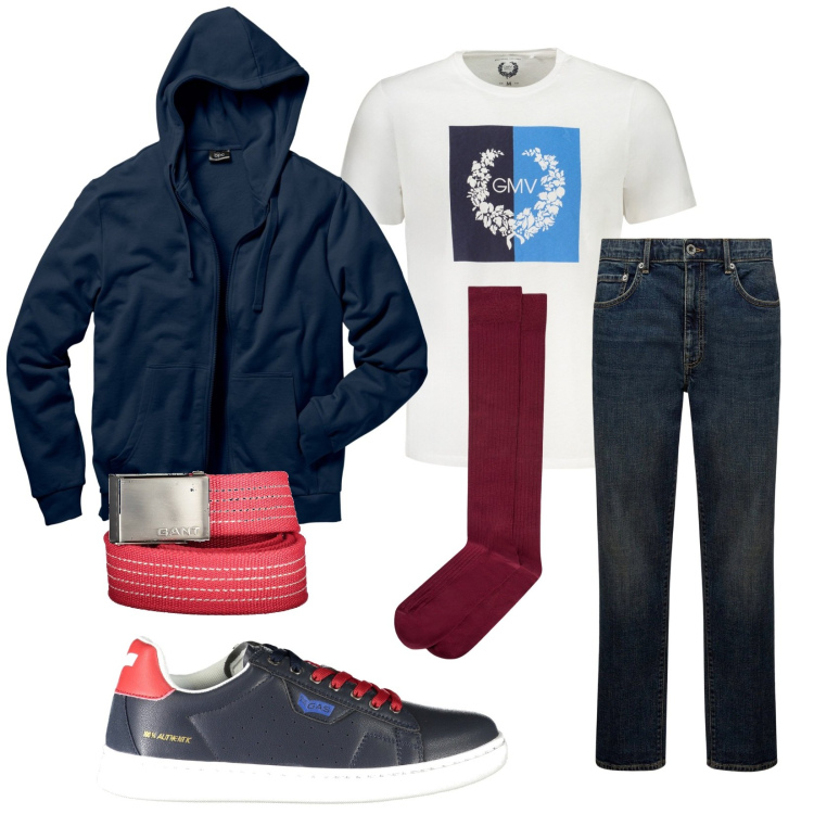 Outfit uomo - Total look #1985217. Stile Casual per Tutti i giorni. Abbinamento con felpe con cappuccio, cinture, calzini, jeans, t-shirt, sneakers.