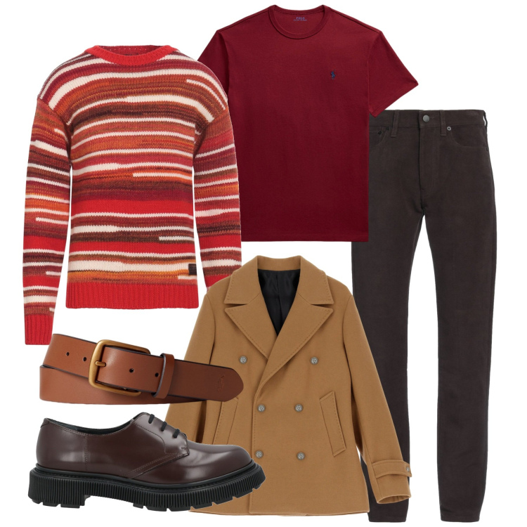 Outfit uomo - Rosso contro il freddo. Stile Trendy per Tutti i giorni. Abbinamento con pantaloni, pullovers, scarpe stringate, giacche, cinture, t-shirt.