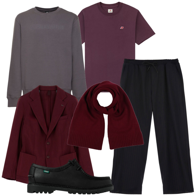 Outfit uomo - Borgogna a novembre. Stile Trendy per Serata speciale. Abbinamento con sciarpe, t-shirt, pantaloni, giacche, scarpe stringate, felpe.