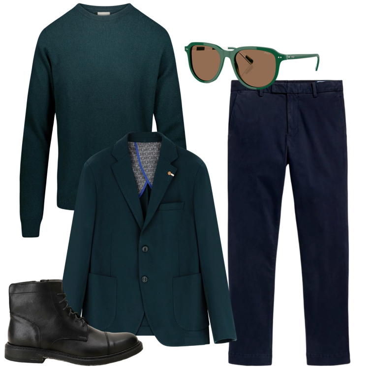 Outfit uomo - Ottanio per l\'ufficio. Stile Casual per Ufficio. Abbinamento con stivali e stivaletti, giacche, occhiali da sole, pantaloni, maglieria.