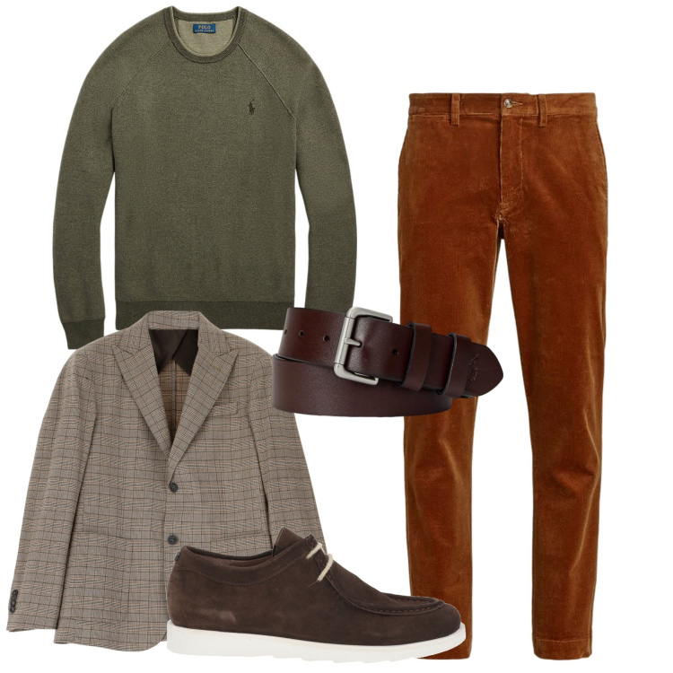 Outfit uomo - Colori caldi in autunno. Stile Trendy per Tutti i giorni. Abbinamento con scarpe stringate, giacche, cinture, pantaloni, maglieria.