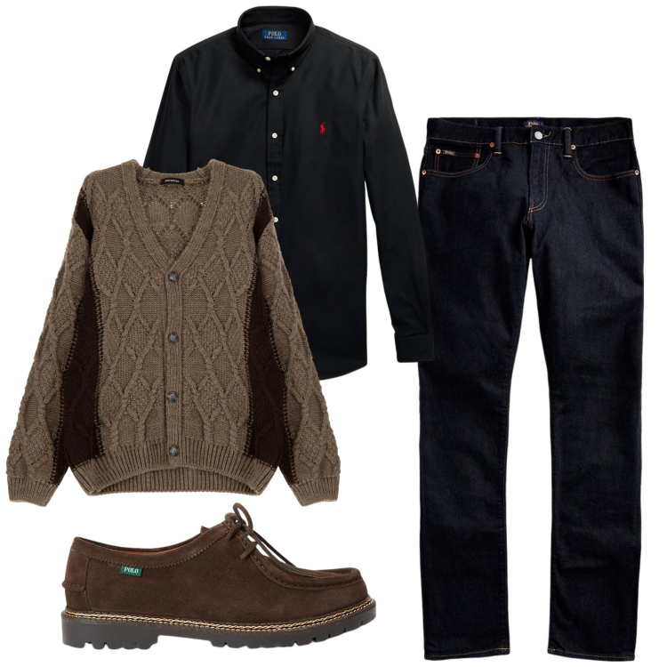 Outfit uomo - Il cardigan a trecce. Stile Casual per Tutti i giorni. Abbinamento con cardigans, jeans, camicie, scarpe stringate.