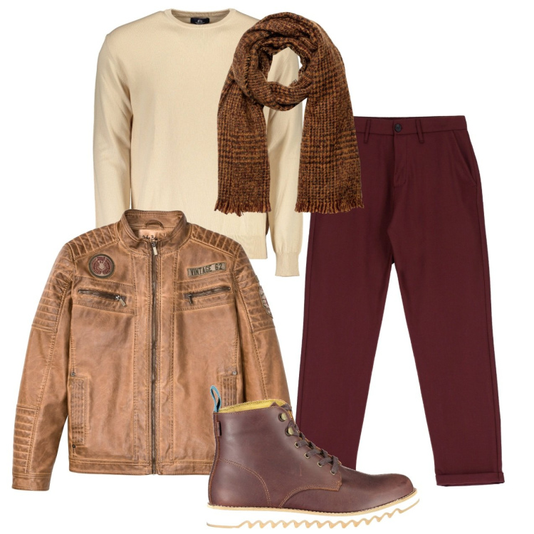 Outfit uomo - Caramelloso. Stile Urban per Tutti i giorni. Abbinamento con giacche, pantaloni, sciarpe, stivali, maglieria.