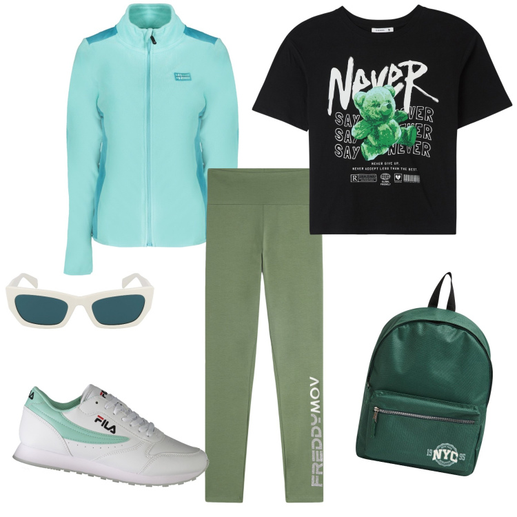 Outfit donna - Sport green. Stile Basic per Sport. Abbinamento con zaini, t-shirt, pantaloni, felpe, sneakers, occhiali da sole.