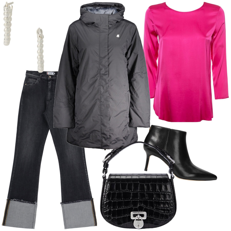 Outfit donna - Serata karaoke. Stile Trendy per Serata fuori. Abbinamento con jeans dritti, orecchini, stivaletti, borse a tracolla, blazer, bluse.