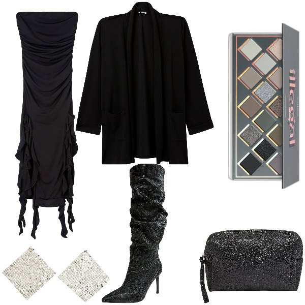 Outfit donna - Total look #1985251. Stile Glamour per Serata fuori. Abbinamento con ombretti, blazer, orecchini, vestiti, stivali, valigie.