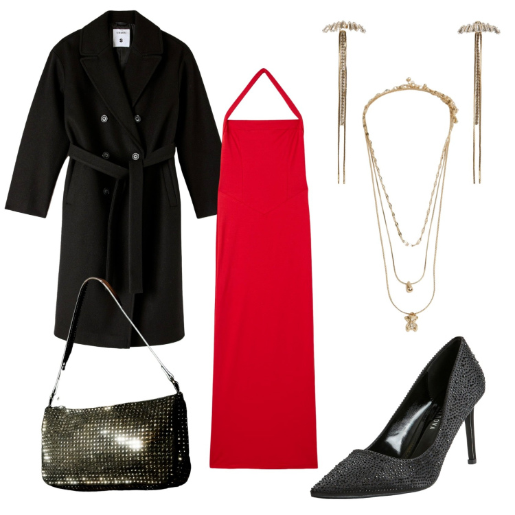 Outfit donna - Vampira in rosso. Stile Chic per Serata fuori. Abbinamento con décolleté, orecchini, vestiti lunghi, cappotti, ciondoli, borse a spalla.