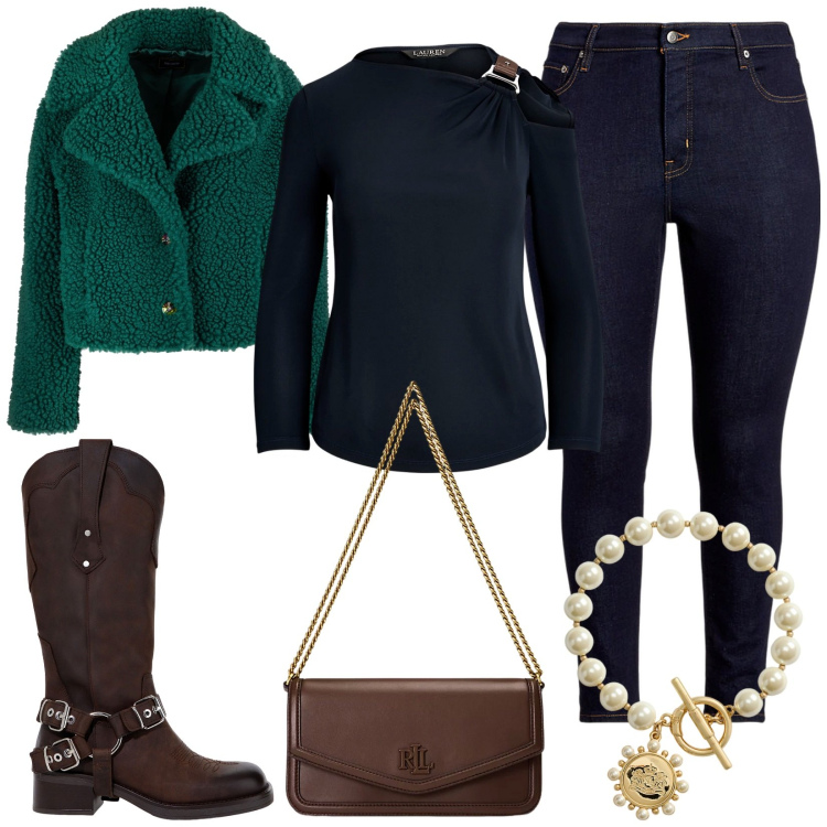 Outfit donna - Stivali con fibbia. Stile Trendy per Serata fuori. Abbinamento con stivali, blazer, jeans skinny, maglieria, braccialetti, borse a spalla.