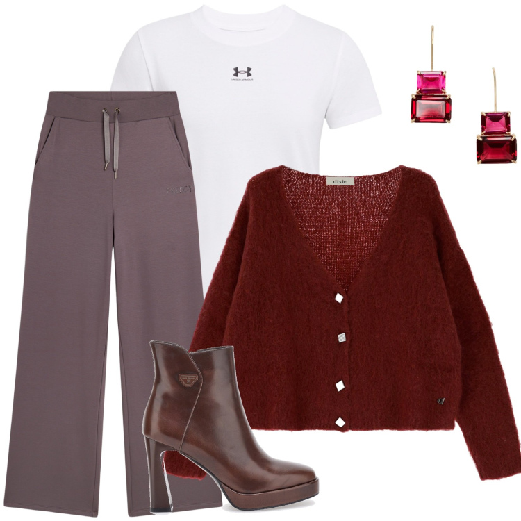 Outfit donna - Giornate autunnali. Stile Casual per Tutti i giorni. Abbinamento con pantaloni, cardigans, orecchini, stivaletti, t-shirt.