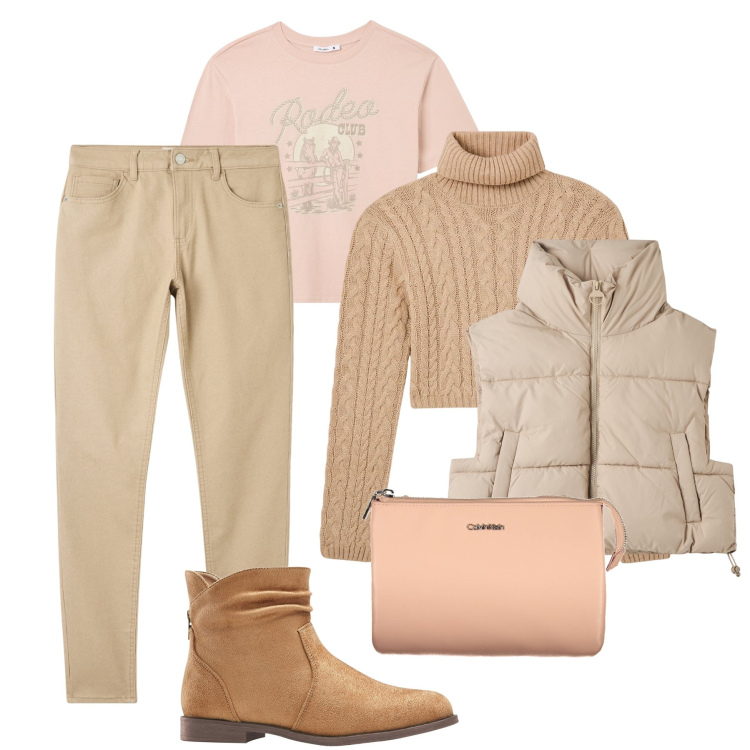 Outfit donna - Autunno neutro. Stile Casual per Tutti i giorni. Abbinamento con stivaletti, t-shirt, piumini, borse a tracolla, maglieria, pantaloni skinny.