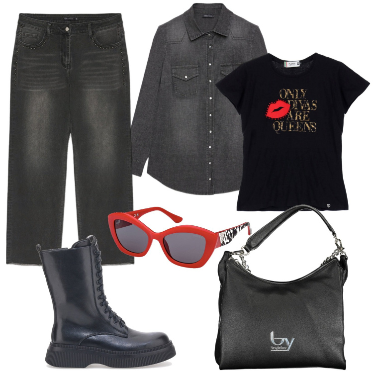 Outfit donna - Denim su denim. Stile Rock per Tutti i giorni. Abbinamento con t-shirt, anfibi, borse a spalla, jeans, occhiali da sole, camicie.