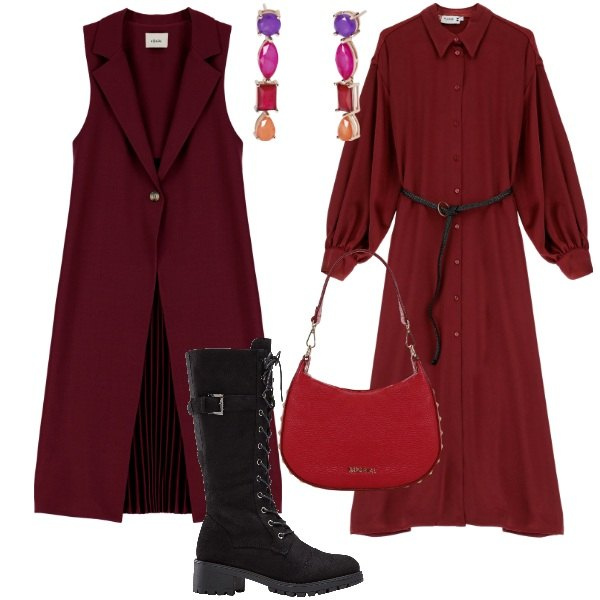 Outfit donna - Cappotto smanicato. Stile Chic per Ufficio. Abbinamento con stivali, orecchini, vestiti lunghi, borse a spalla, cappotti.