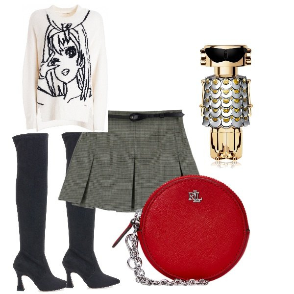 Outfit donna - stivali addicted. Stile Glamour per Tutti i giorni. Abbinamento con profumi, maglieria, minigonne, pochette, stivali.
