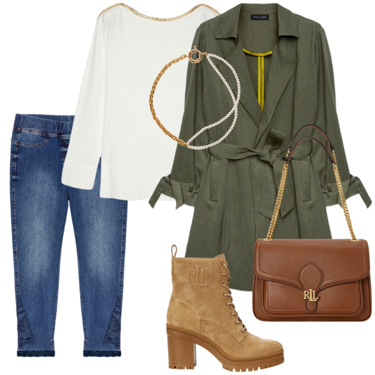 Outfit donna - Giornate uggiose. Stile Casual chic per Tutti i giorni. Abbinamento con borse a spalla, stivaletti, t-shirt, trench, jeggings, collane.