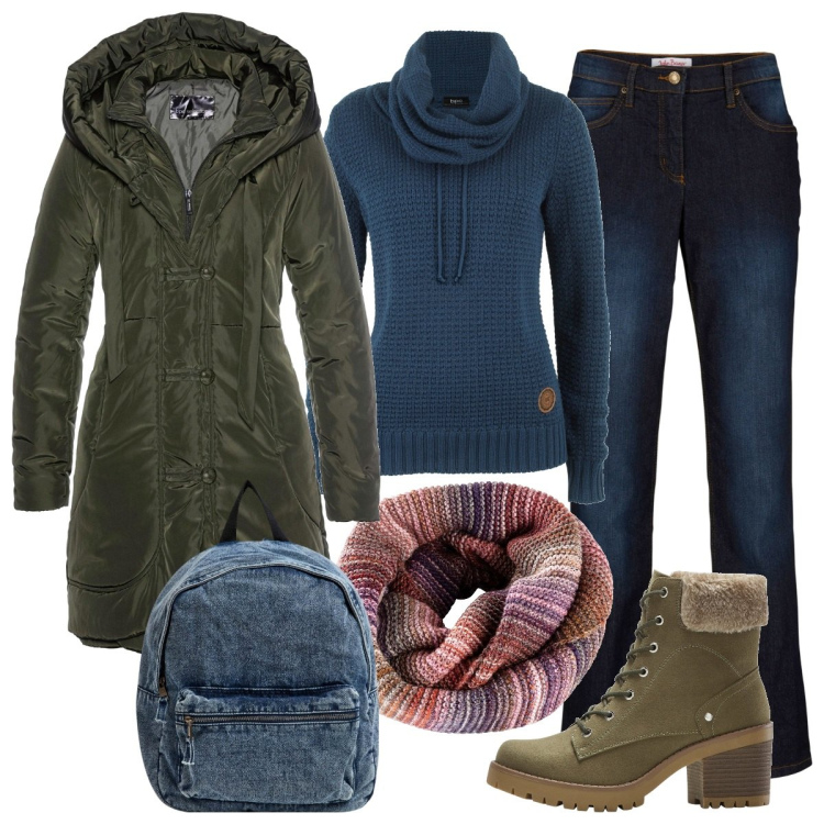 Outfit donna - Autumn style. Stile Casual chic per Tutti i giorni. Abbinamento con jeans dritti, maglieria, blazer, stivaletti, foulard, zaini.