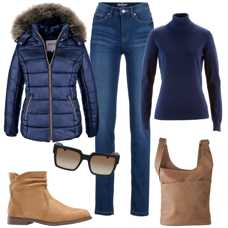 Outfit donna - Per tutti i giorni. Stile Casual per Tutti i giorni. Abbinamento con piumini, maglieria, jeans, borse a tracolla, stivaletti, occhiali da sole.