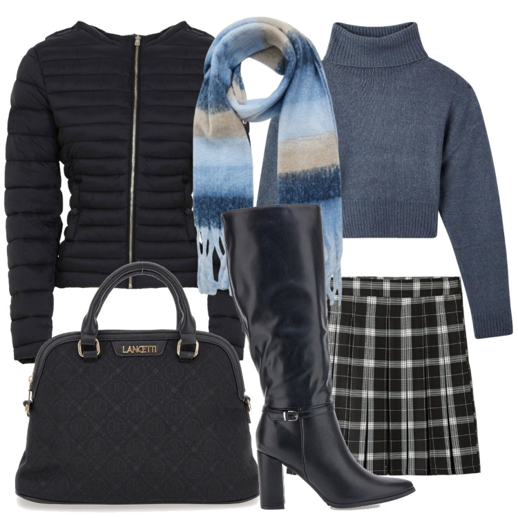 Outfit donna - Look ufficio con stivale. Stile Minimal per Ufficio. Abbinamento con sciarpe, minigonne, maglieria, piumini, borse a spalla, stivali.