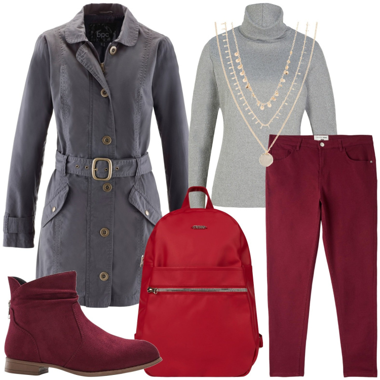 Outfit donna - Pretty in red. Stile Urban per Scuola/Università. Abbinamento con collane, trench, maglieria, stivaletti, pantaloni, zaini.