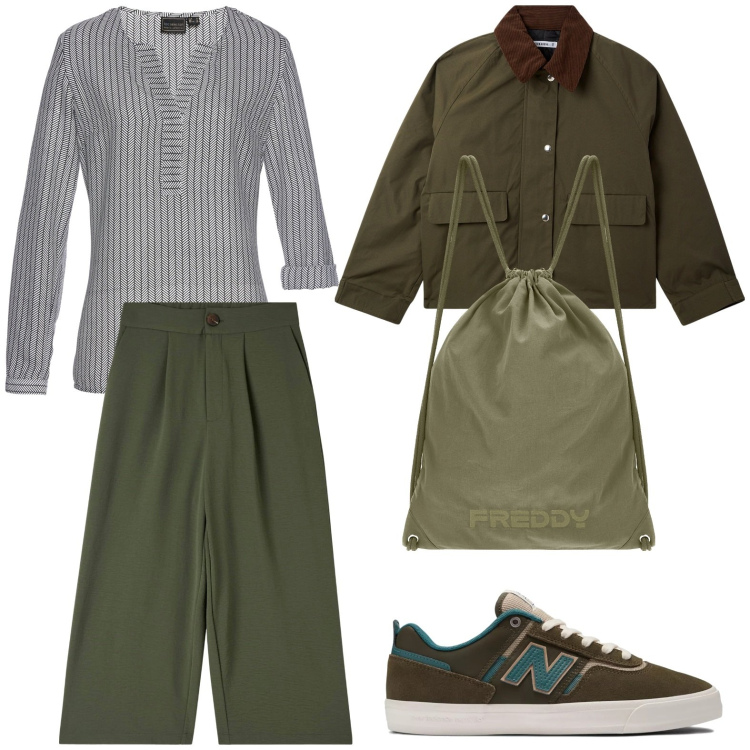 Outfit donna - Toni green. Stile Glamour per Tutti i giorni. Abbinamento con tuniche, pantaloni a palazzo, trench, sneakers, zaini.