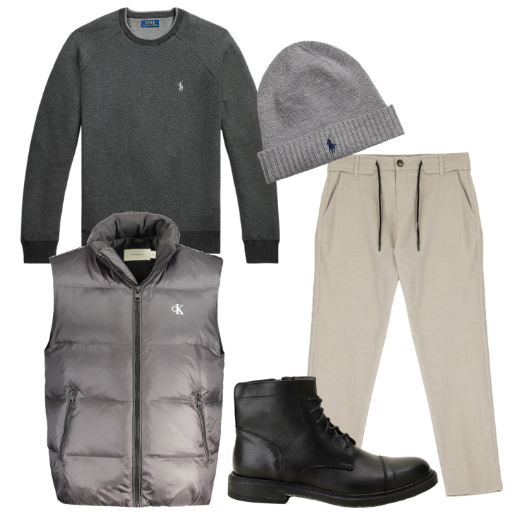 Outfit uomo - Grigio iridescente. Stile Urban per Tutti i giorni. Abbinamento con pantaloni, stivali e stivaletti, berretti, maglieria, giacche.