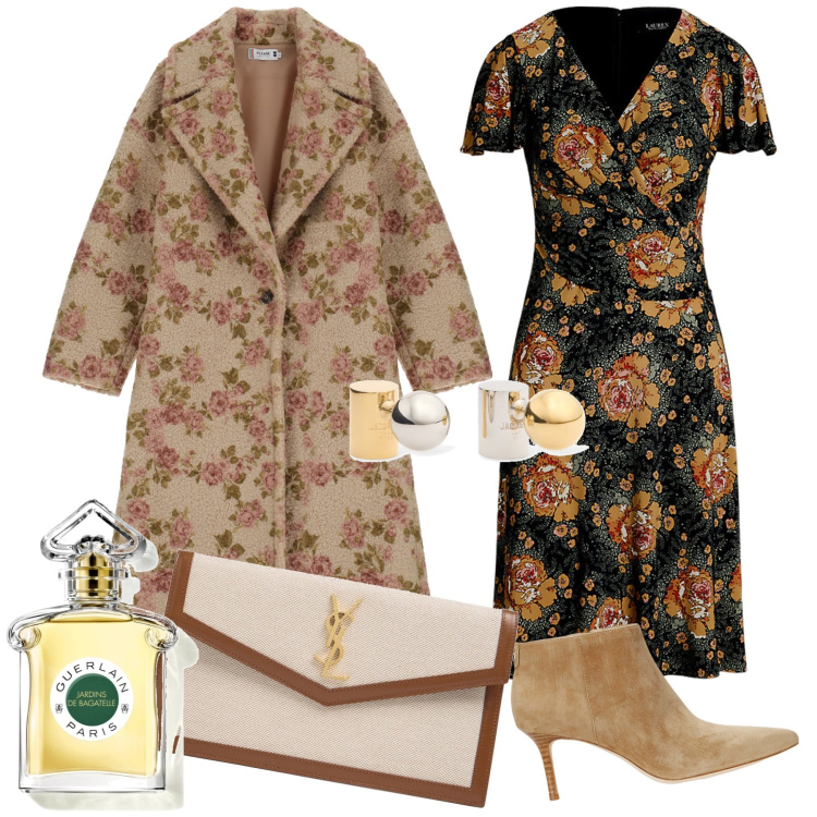Outfit donna - Fiori per la cerimonia. Stile Chic per Cerimonia. Abbinamento con profumi, cappotti, vestiti midi/longuette, stivaletti, pochette, orecchini.