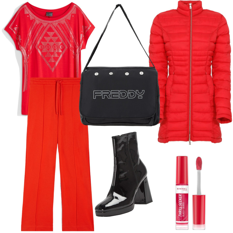 Outfit donna - Red city. Stile Urban per Tutti i giorni. Abbinamento con maglieria, gloss, stivaletti, piumini, borse messenger, pantaloni a palazzo.