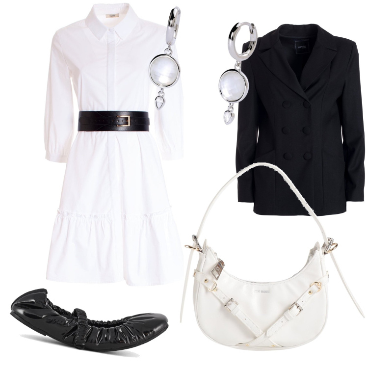 Outfit donna - Quando l ufficio e’ comodo. Stile Basic per Ufficio. Abbinamento con borse a mano, orecchini, vestiti chemisier, blazer, ballerine.