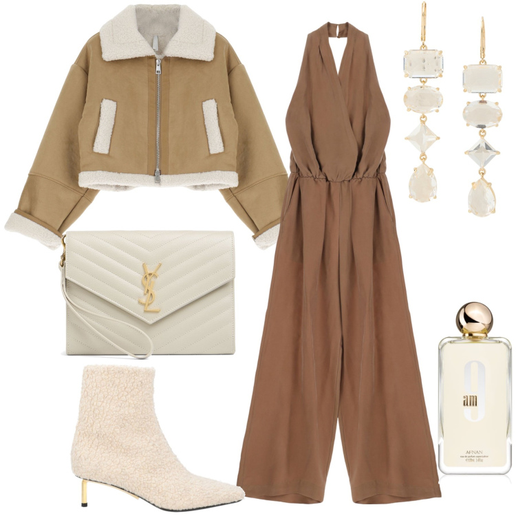 Outfit donna - Serata in tuta. Stile Glamour per Serata fuori. Abbinamento con stivaletti, profumi, blazer, tute, orecchini, pochette.