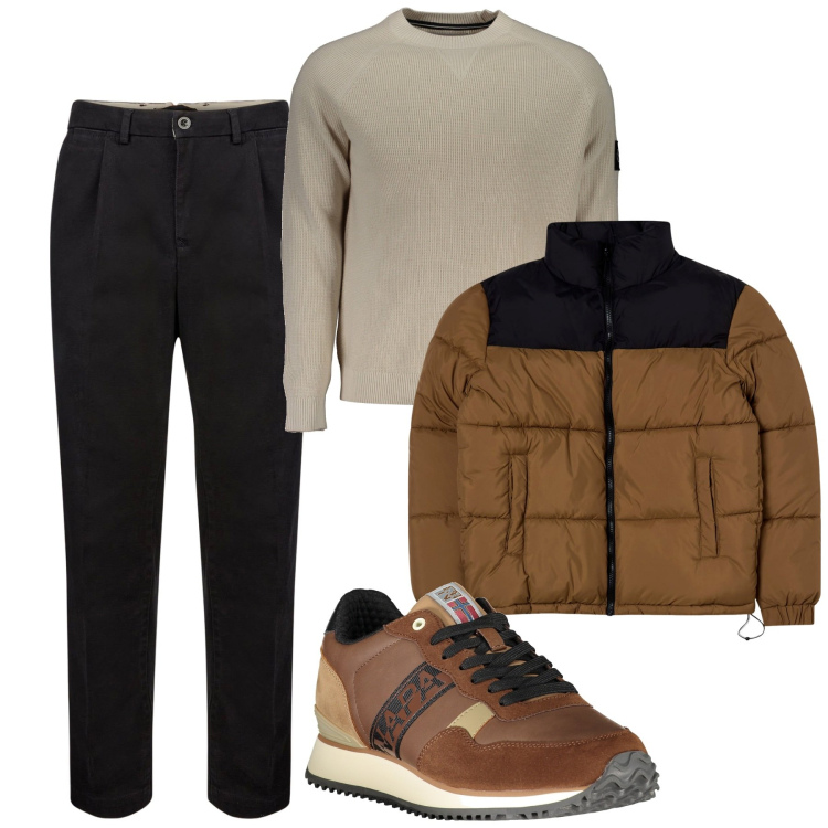 Outfit uomo - In città col freddo. Stile Casual per Tutti i giorni. Abbinamento con giacche, maglieria, pantaloni, sneakers.