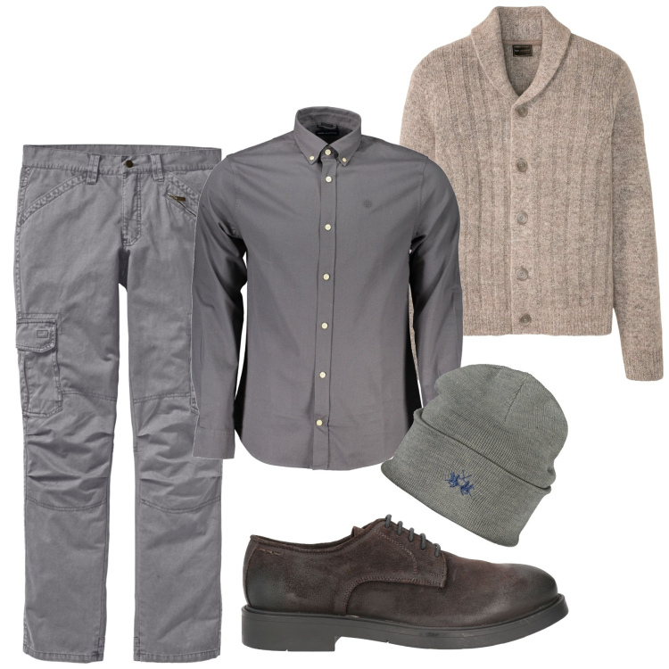 Outfit uomo - Cargo e cardigan. Stile Urban per Tutti i giorni. Abbinamento con pantaloni cargo, cardigans, scarpe stringate, berretti, camicie.