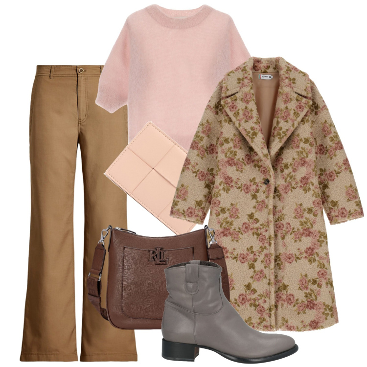 Outfit donna - Rose d\'inverno. Stile Romantica per Tutti i giorni. Abbinamento con stivaletti, cappotti, maglieria, borse a tracolla, pantaloni, portafogli.
