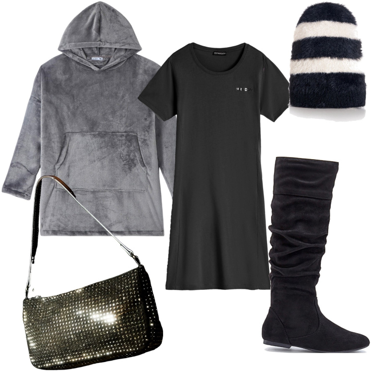 Outfit donna - A passeggiare. Stile Urban per Tutti i giorni. Abbinamento con stivali, felpe con cappuccio, borse a spalla, cappelli, vestiti corti.