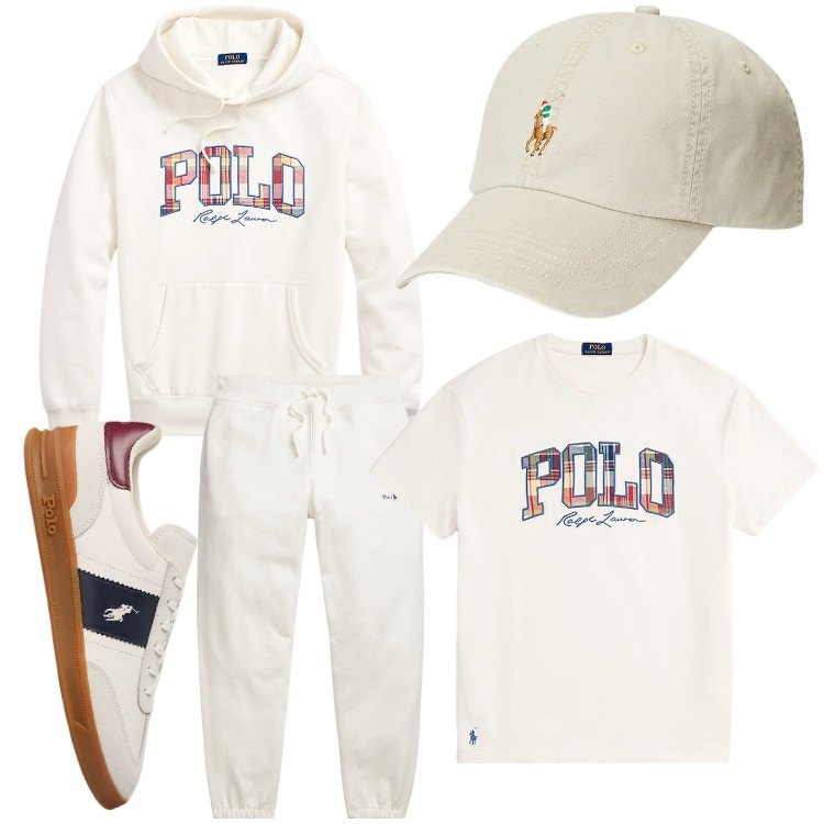 Outfit uomo - White sport. Stile Casual per Tutti i giorni. Abbinamento con cappelli, t-shirt, pantaloni, sneakers, felpe con cappuccio.