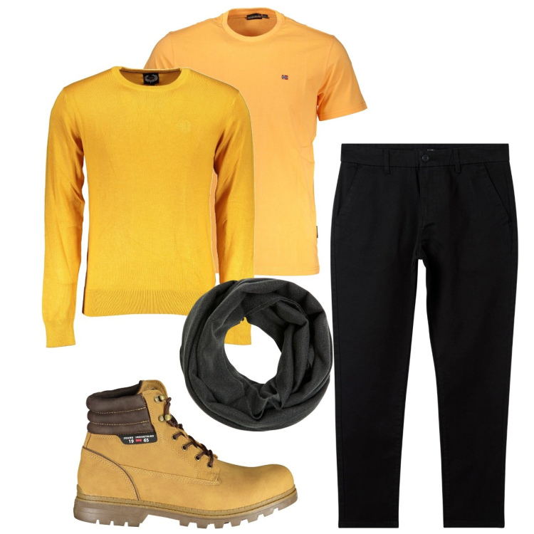Outfit uomo - Giallo caldo. Stile Urban per Tutti i giorni. Abbinamento con sciarpe, pantaloni chino, maglieria, t-shirt, stivali.