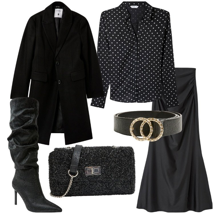 Outfit donna - Halloween con Terranova. Stile Chic per Serata fuori. Abbinamento con gonne lunghe, camicie, cappotti, cinture, stivali, borse a tracolla.