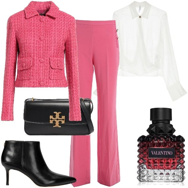 Outfit donna - La cena di lavoro. Stile Bon Ton per Ufficio. Abbinamento con blazer, profumi, camicie, pantaloni a palazzo, stivaletti, borse a spalla.